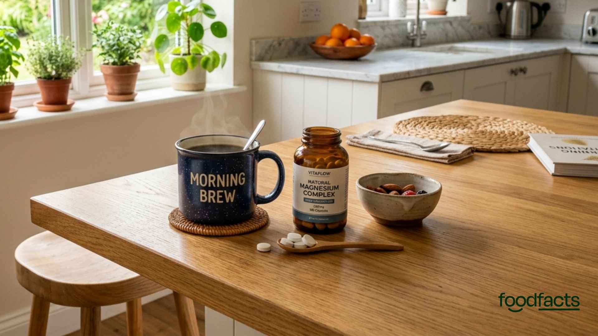 A person has a bottle of magnesium tablets next to their cup of coffee