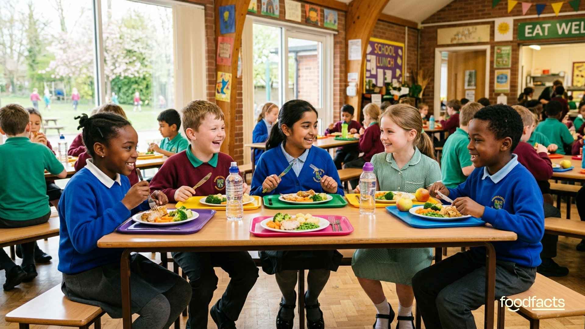 School children eating a healthy school meal together