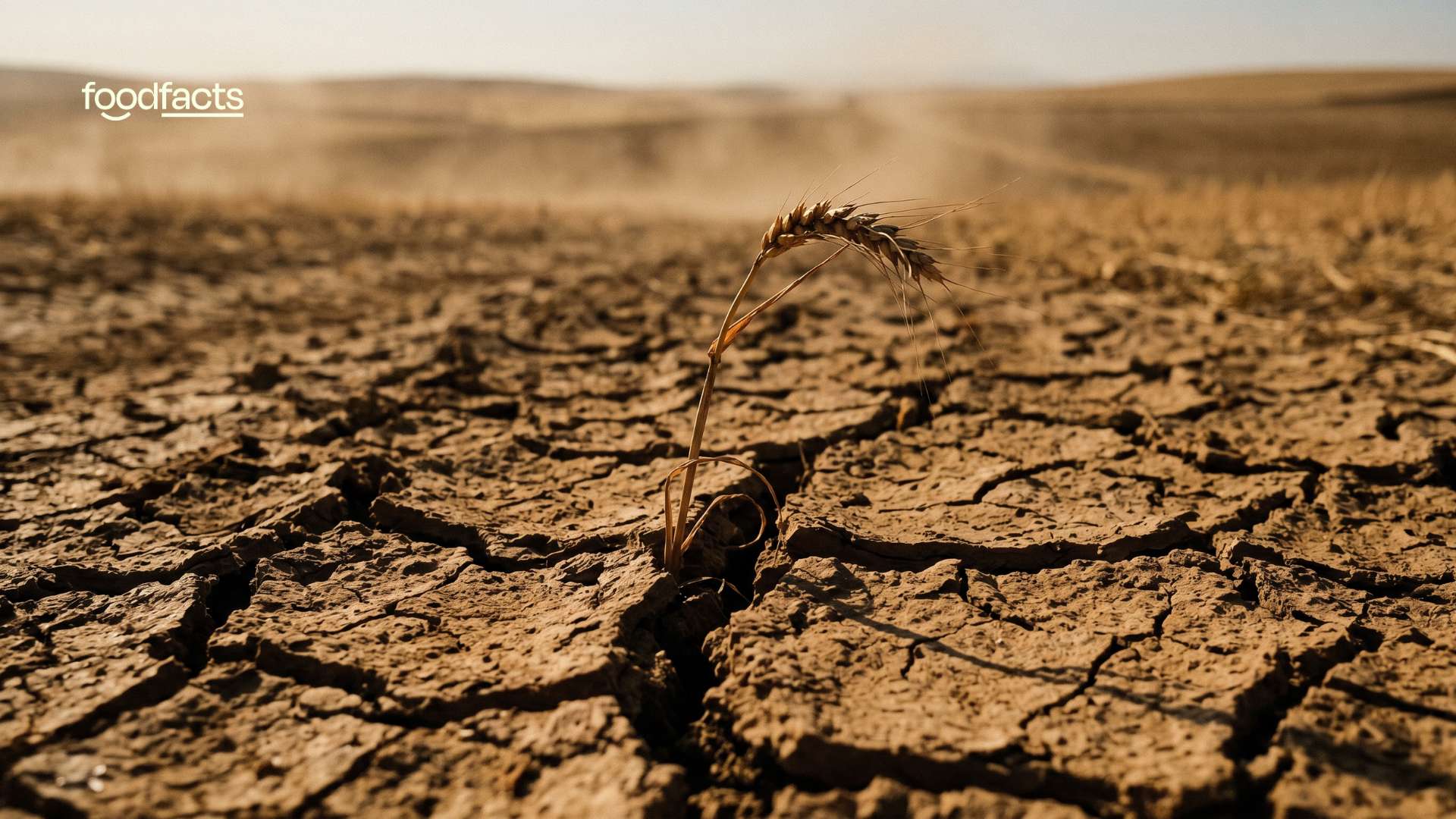 Cracked dry earth with a single wheat stalk symbolising the global food crisis