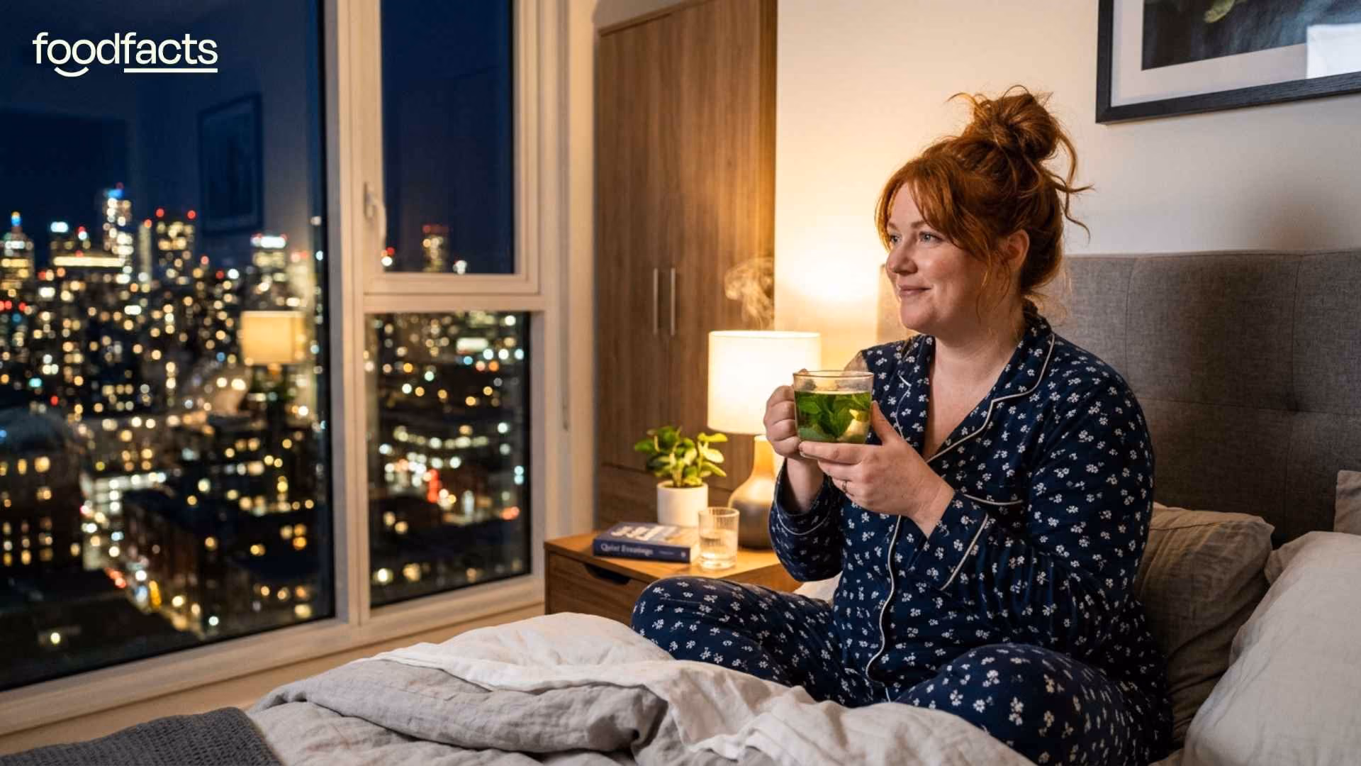 A person holds a mug of lemon balm tea, ready to drink it before going to sleep