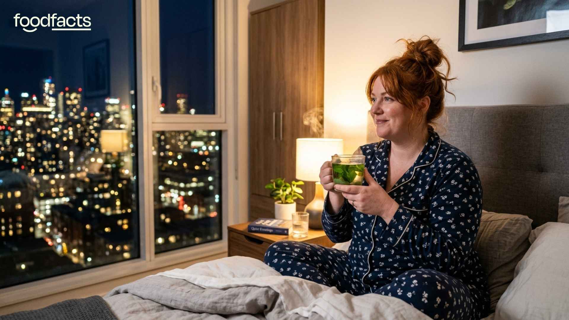 A person holds a mug of lemon balm tea, ready to drink it before going to sleep
