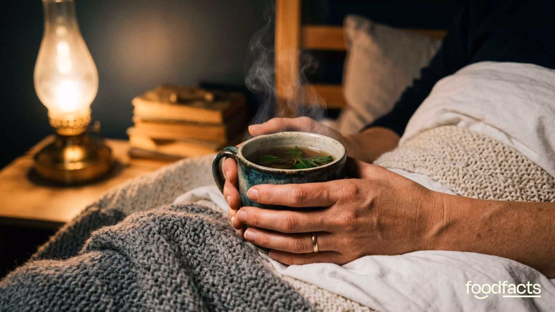 A person holds a mug of lemon balm tea, ready to drink it before going to sleep