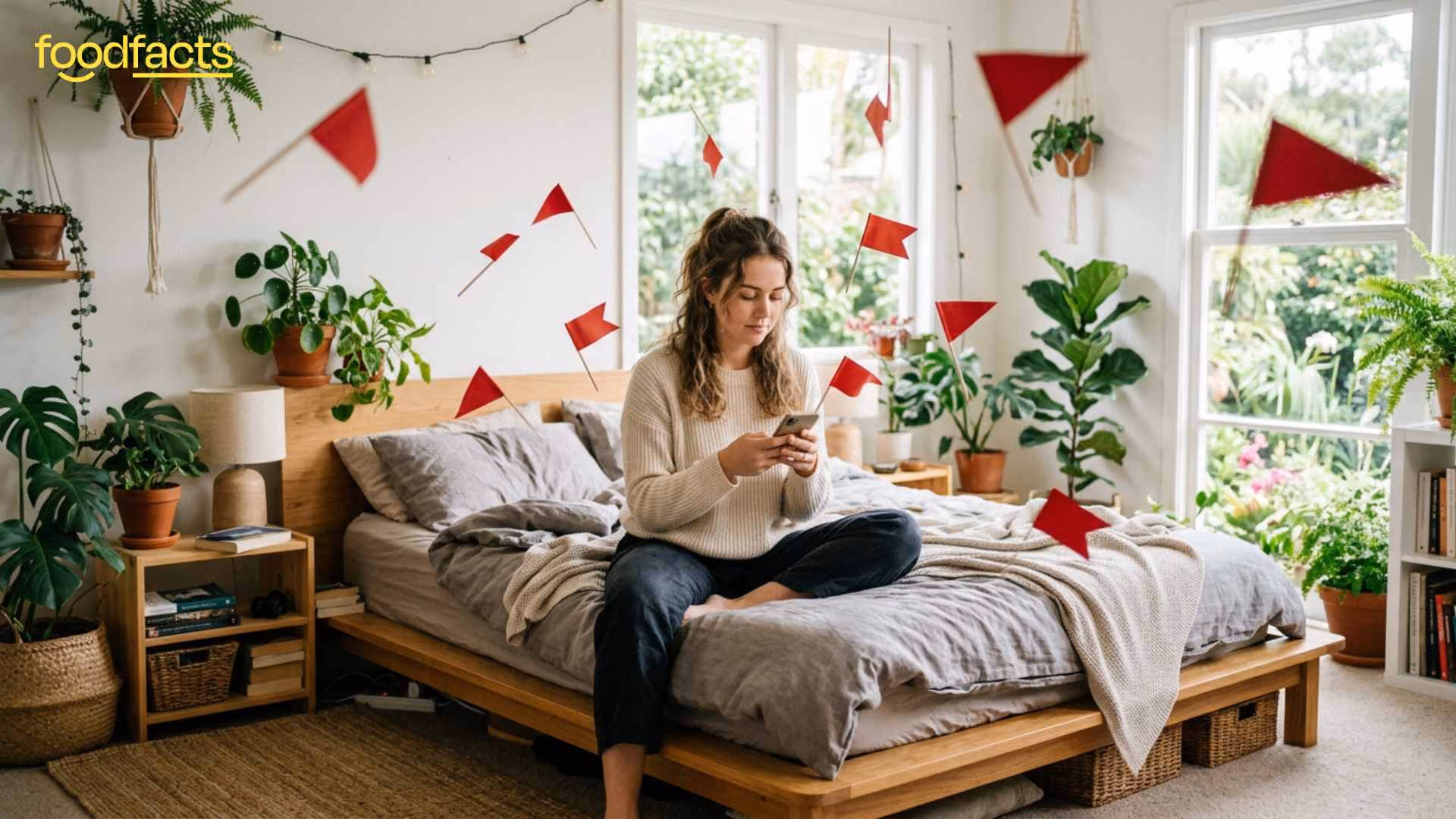 A young woman sits cross-legged on a bed, holding a smartphone, surrounded by dozens of floating red flags. The image visually represents the theme of the article, which provides guidance on identifying "red flags" of fake nutrition advice on social media platforms, highlighting the overwhelming presence of misinformation online.