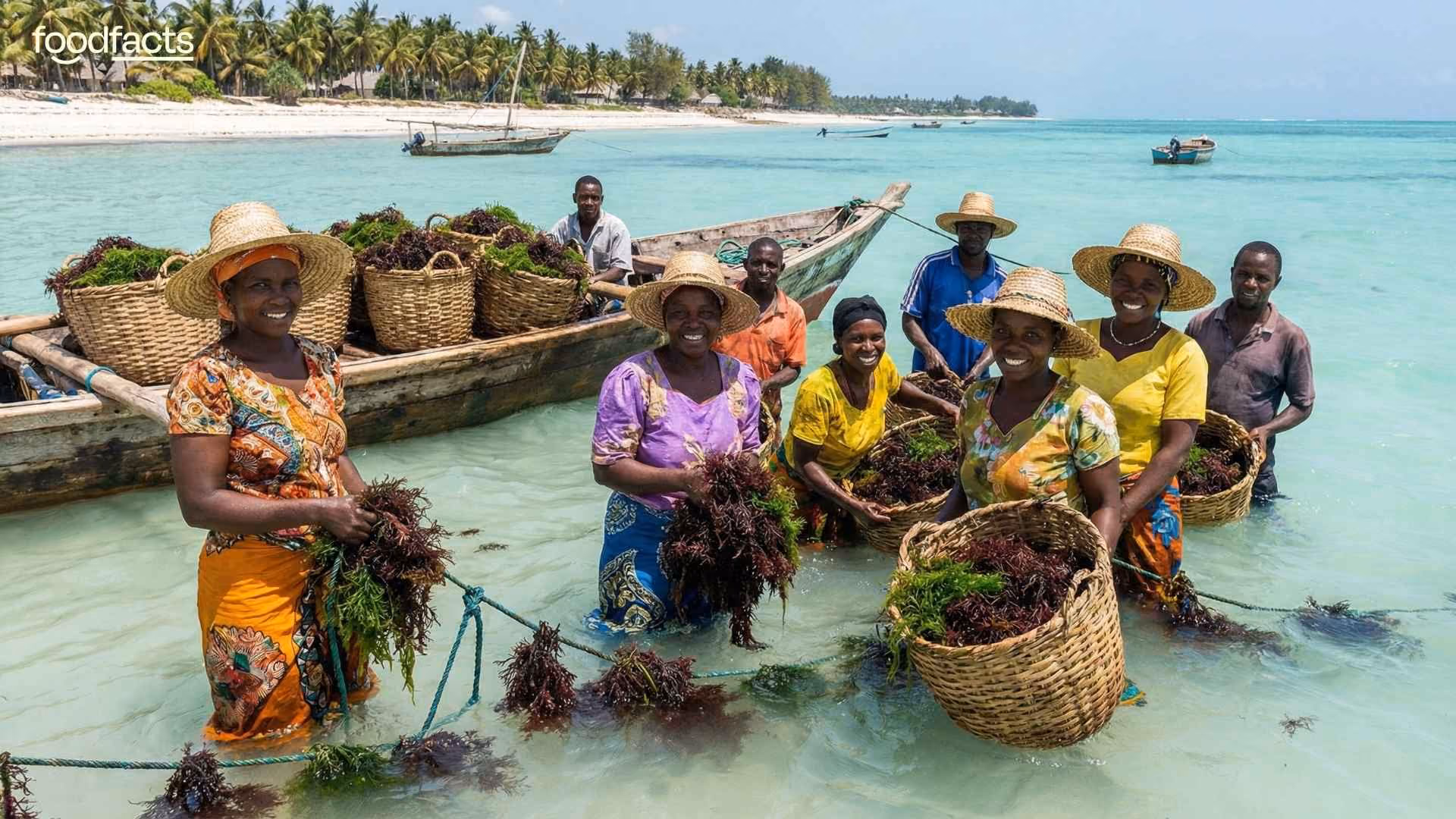 A group of people stand around fishing nets and ropes full of seaweed