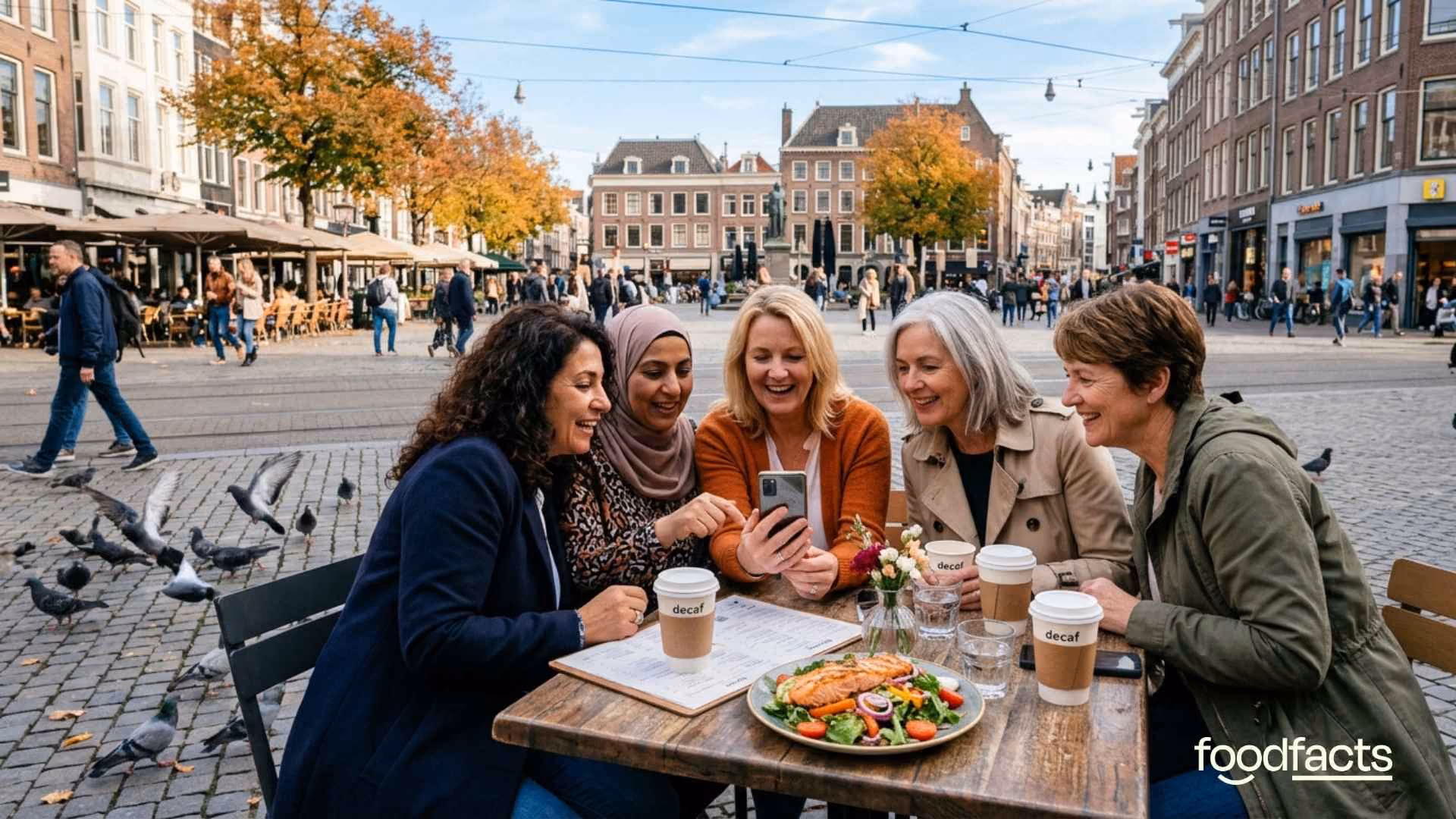 A group of middle-aged woman sit in a group looking at a phone for information about the menopause