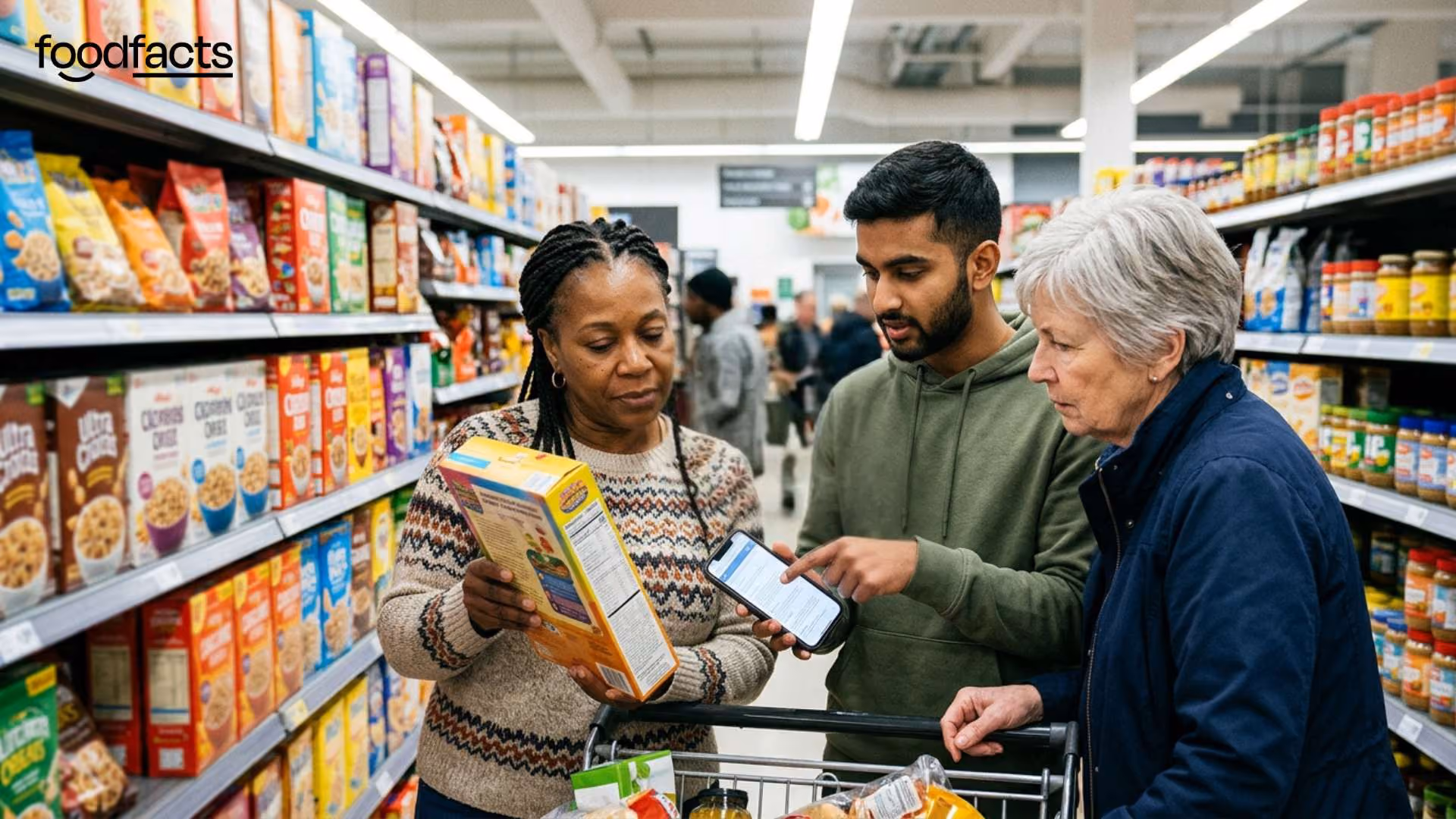 People scrutinising food labels in a supermarket aisle — why independent fact-checking is essential for combating food misinformation