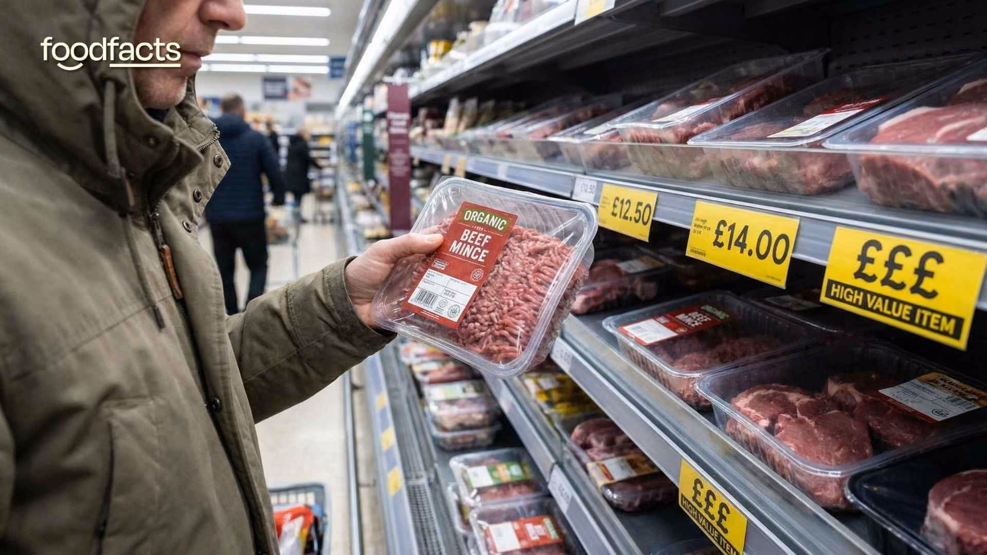A person holds a packet of minced meat in front of pricing signs that show a very high price