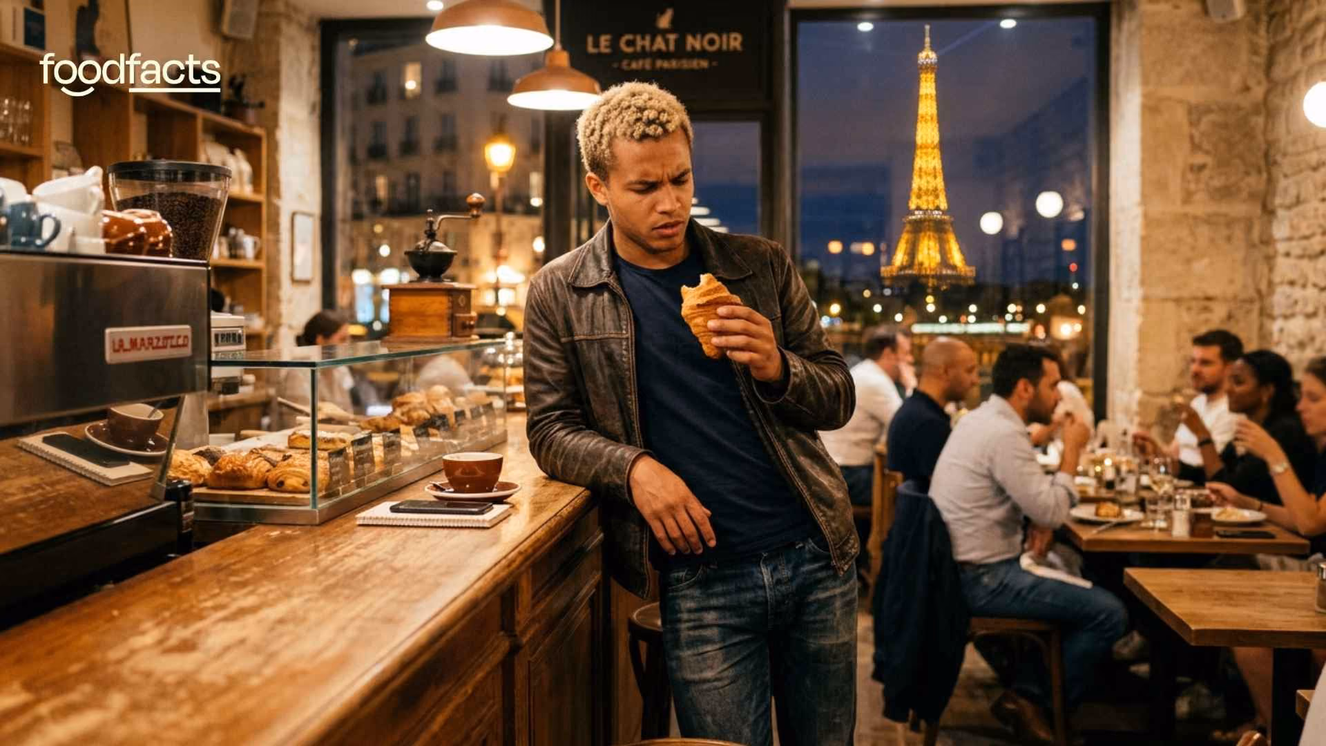 A person eats a croissant whilst in a Parisian cafe