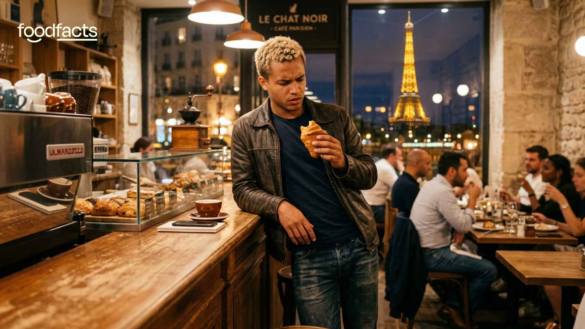 A person eats a croissant whilst in a Parisian cafe