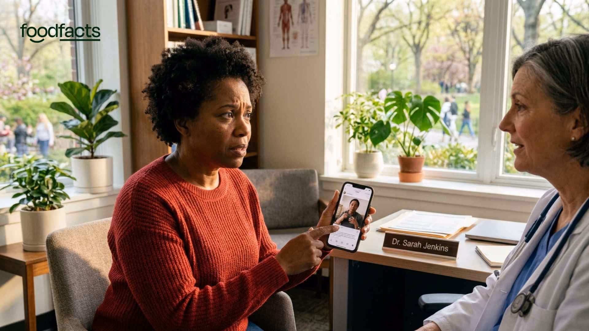A scared middle aged woman goes to her doctor with information that she's seen online about the risks of hormone replacement therapy