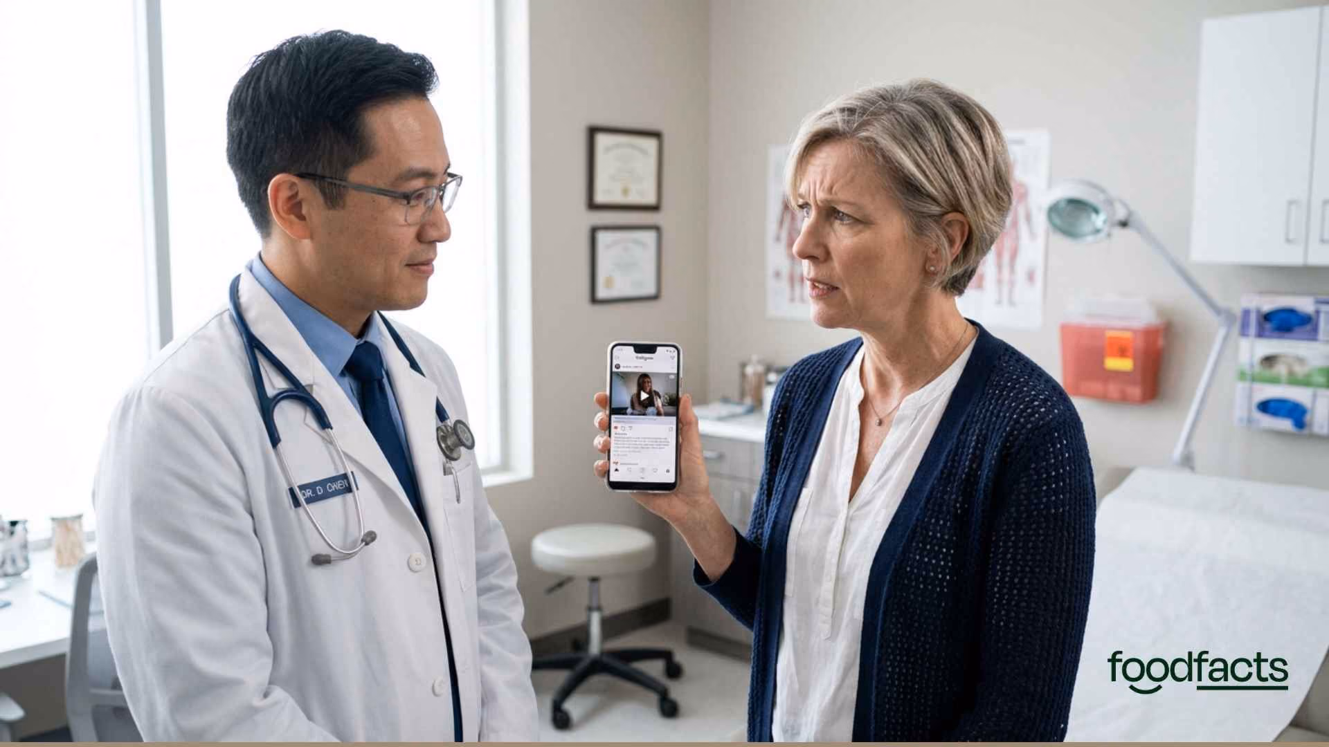 A scared middle aged woman goes to her doctor with information that she's seen online about the risks of hormone replacement therapy