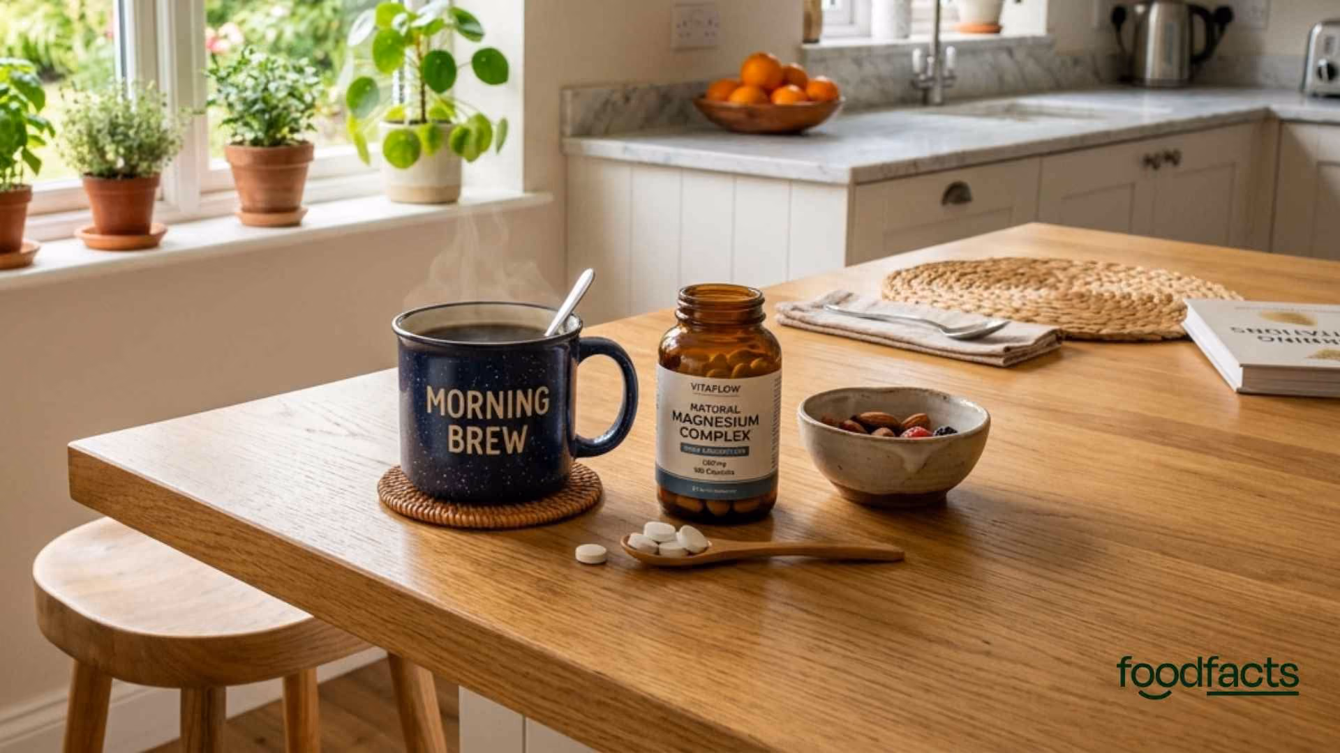 A person has a bottle of magnesium tablets next to their cup of coffee