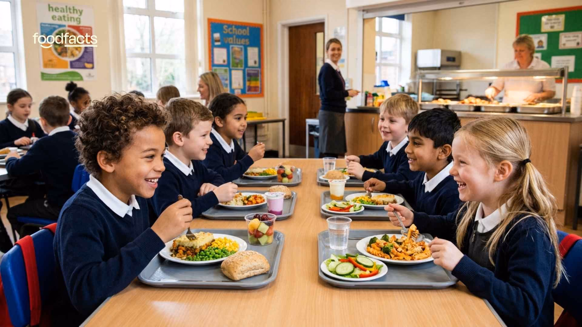 School children eating a healthy school meal together