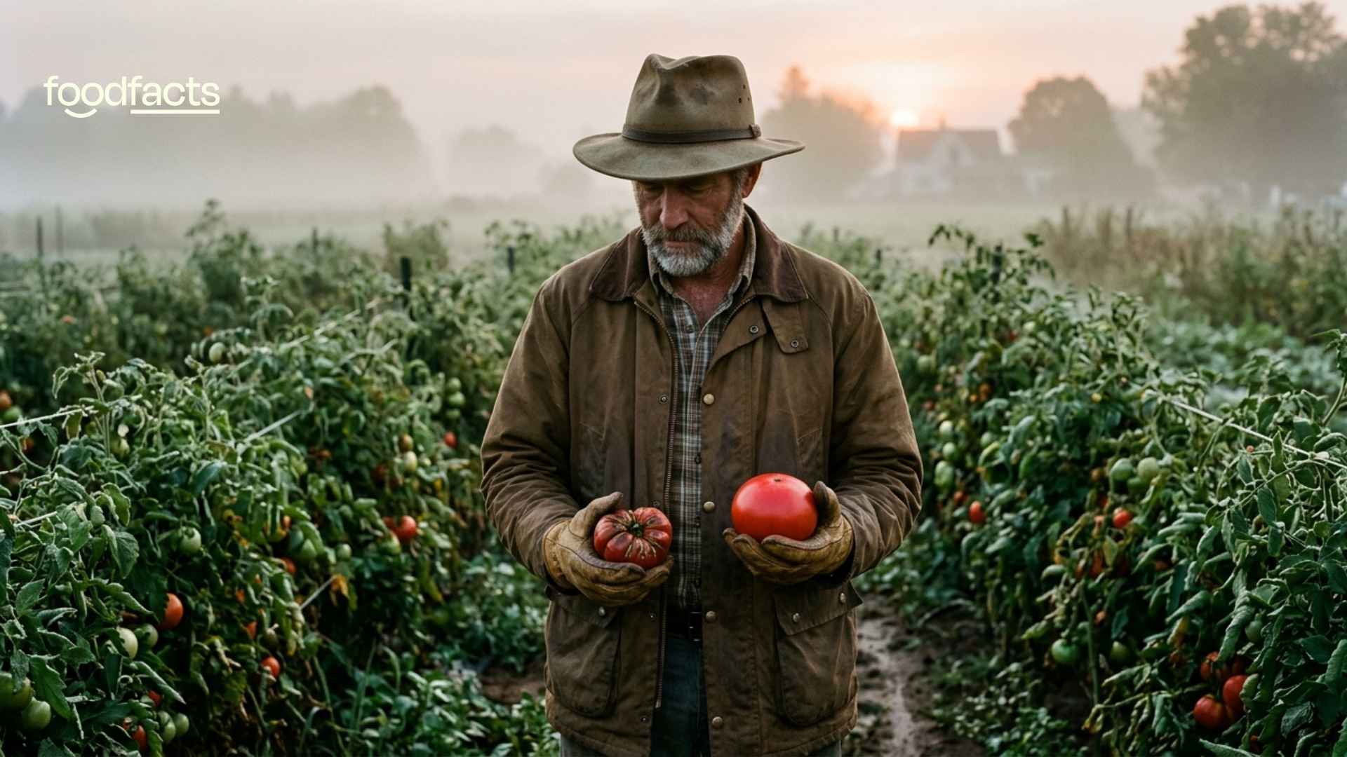 A farmer holds a large and bright tomato in one hand, and a smaller, less attractive tomato in the other hand.