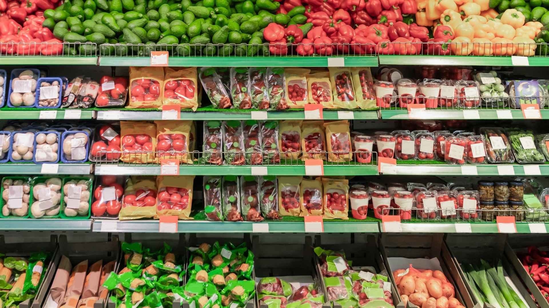 Supermarket shelves filled with perfect produce