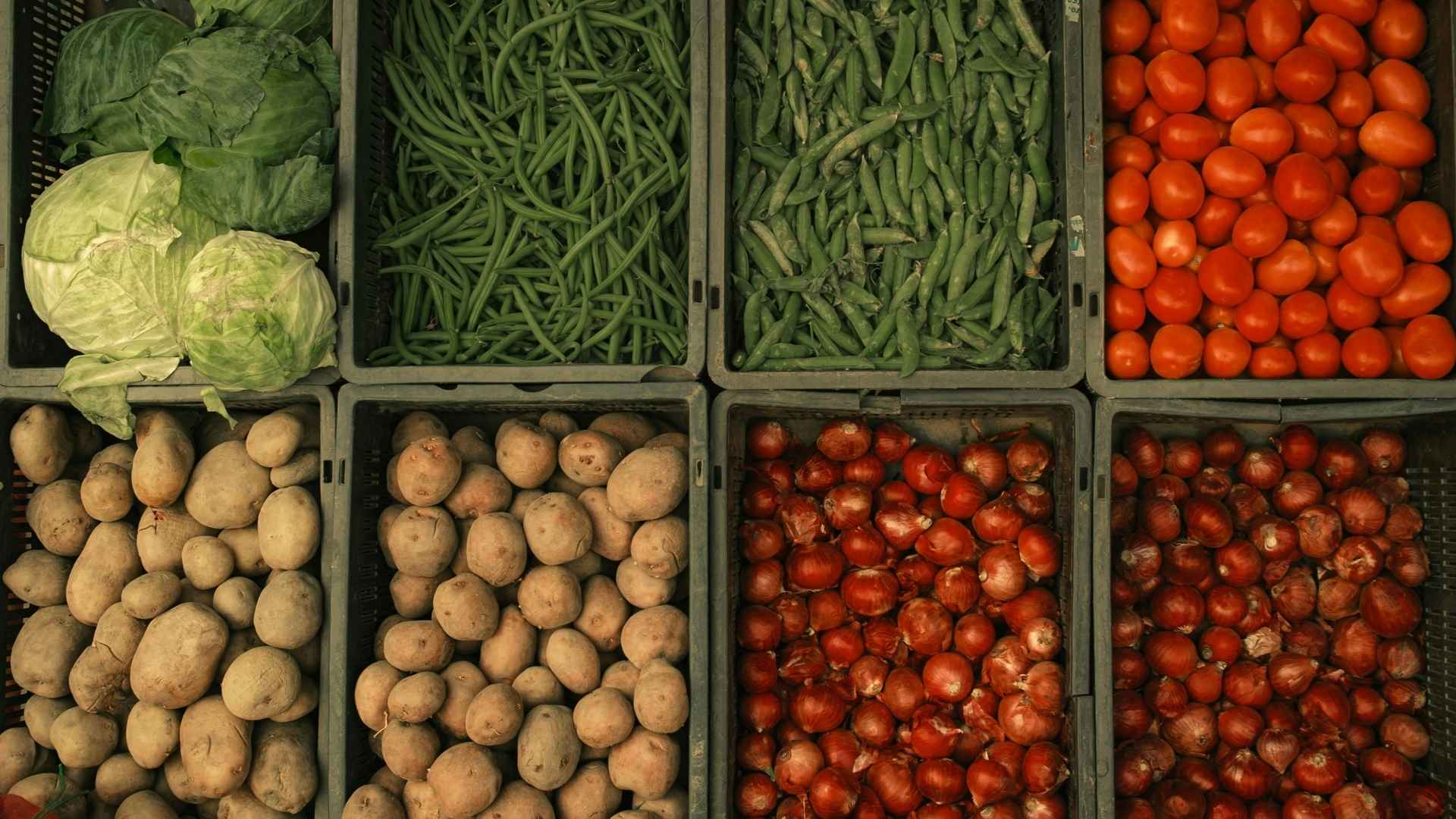 Crates filled with various produce