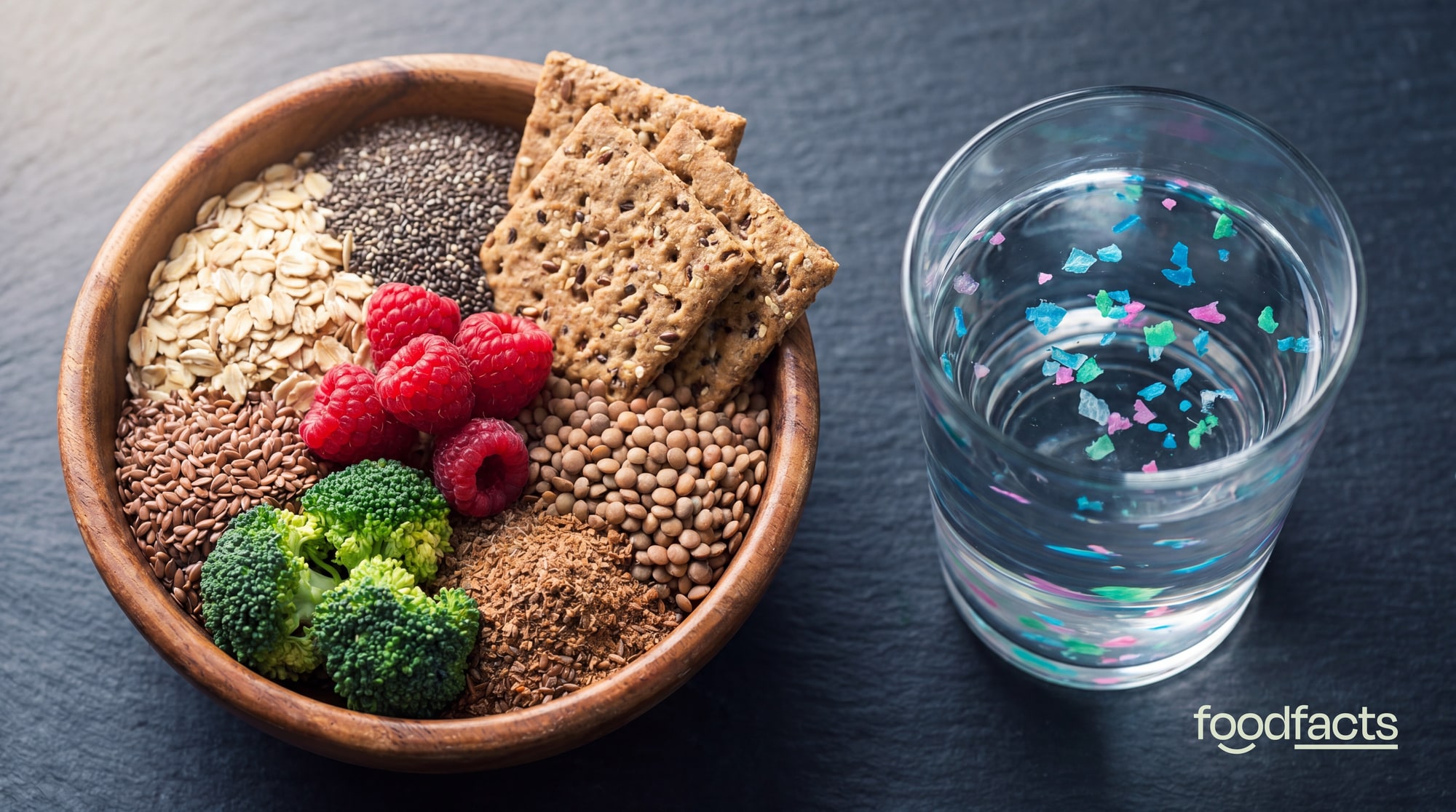 Bowl of high-fibre foods including rolled oats, chia seeds, raspberries, broccoli and crackers next to a glass of water containing visible coloured microplastic particles