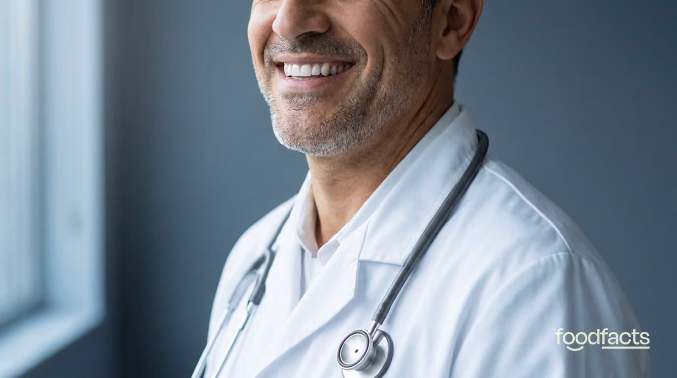 Conceptual editorial portrait of a doctor in a white coat, with the top of the face cropped above the smile — symbolising borrowed clinical authority. FoodFacts.org feature image.