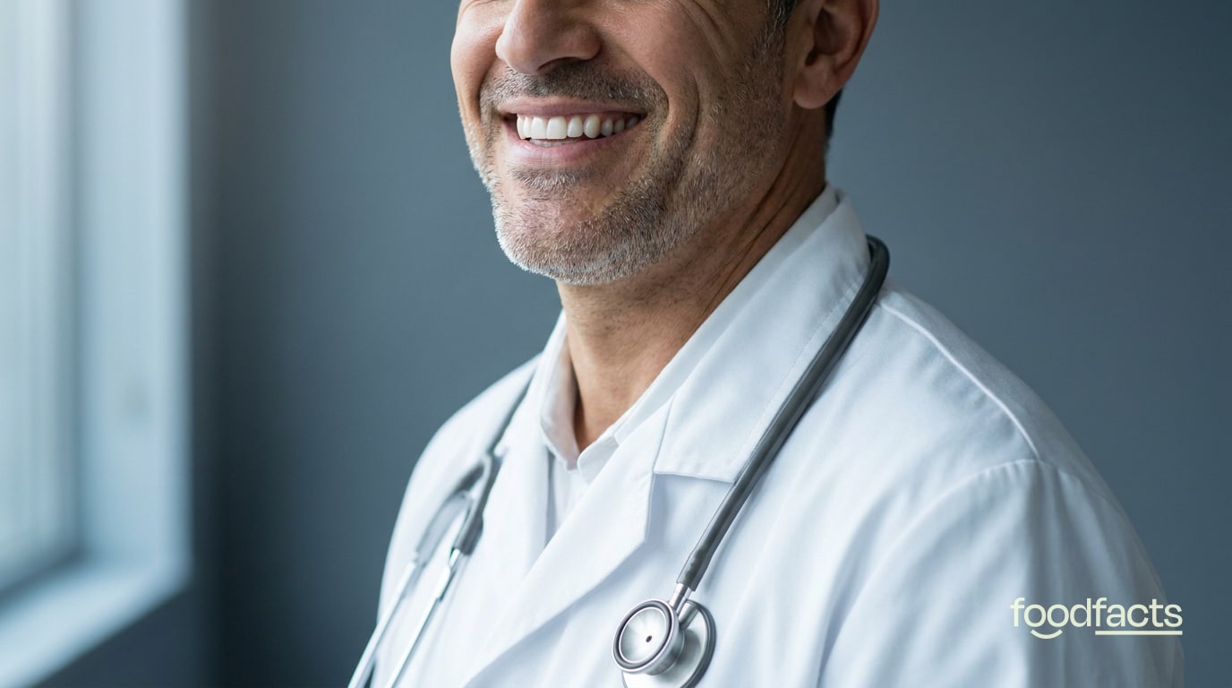 Conceptual editorial portrait of a doctor in a white coat, with the top of the face cropped above the smile — symbolising borrowed clinical authority. FoodFacts.org feature image.