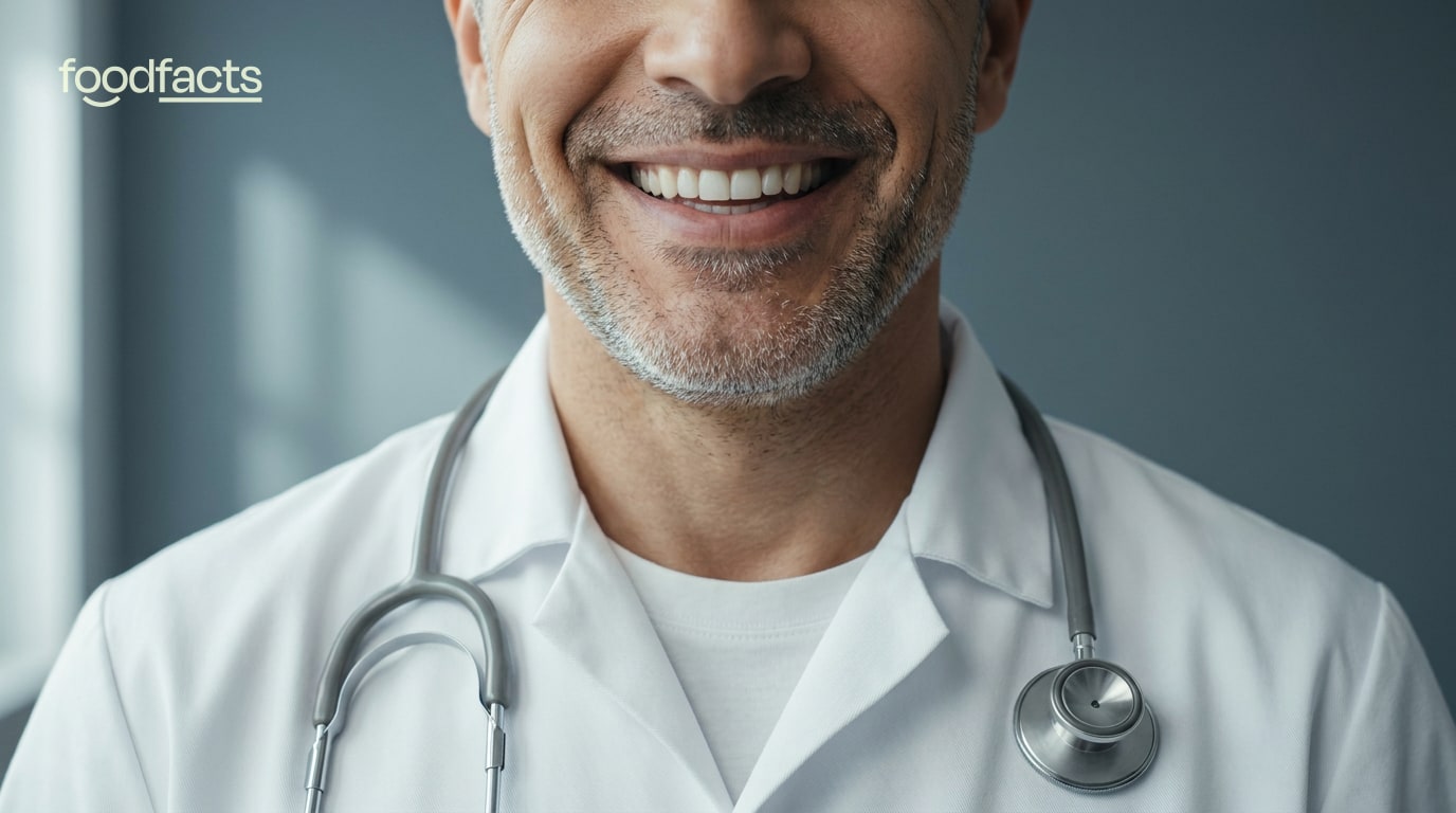 Conceptual editorial portrait of a doctor in a white coat, with the top of the face cropped above the smile — symbolising borrowed clinical authority. FoodFacts.org feature image.