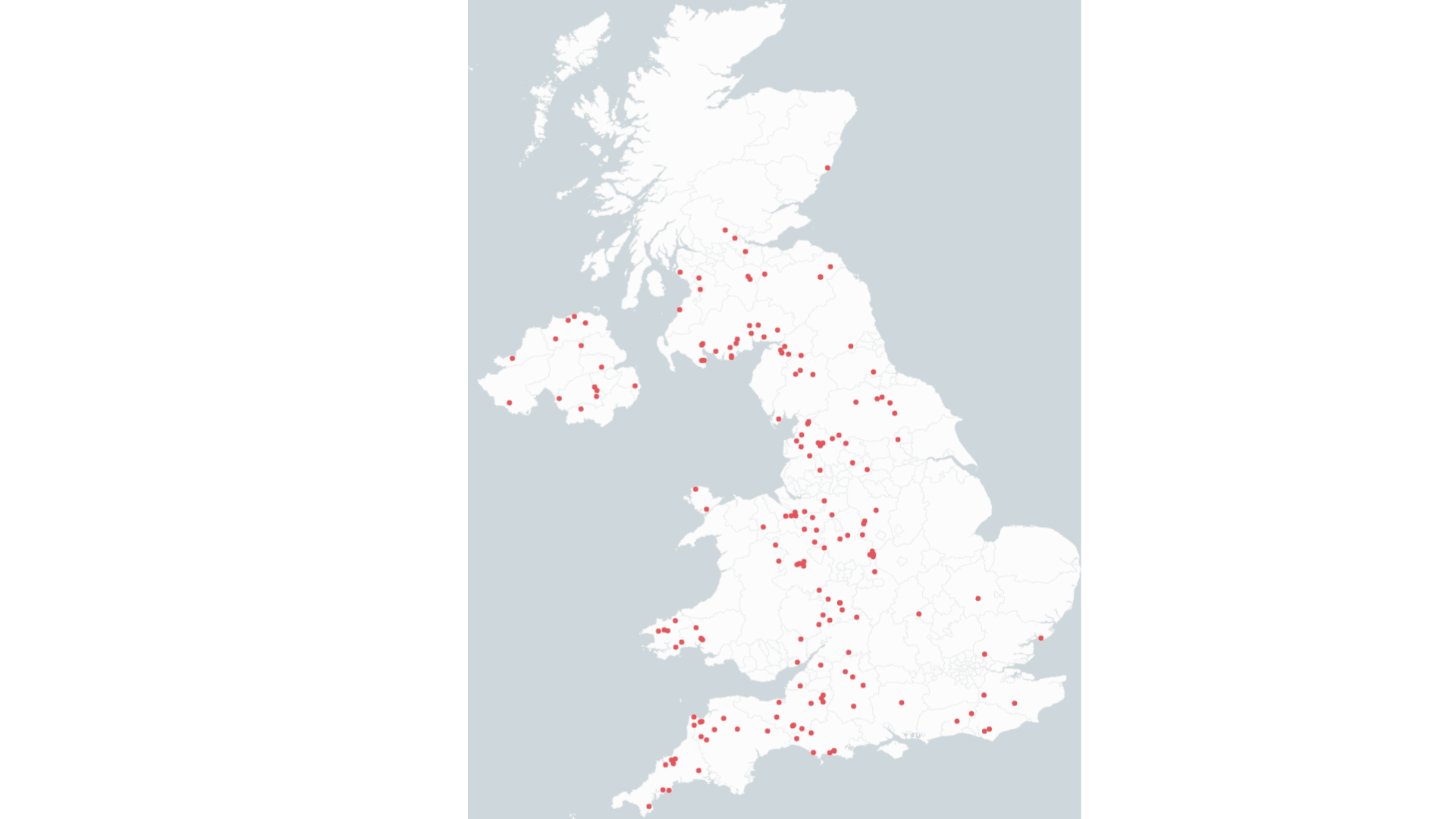 A map showing all of the mega-dairy farms in the UK