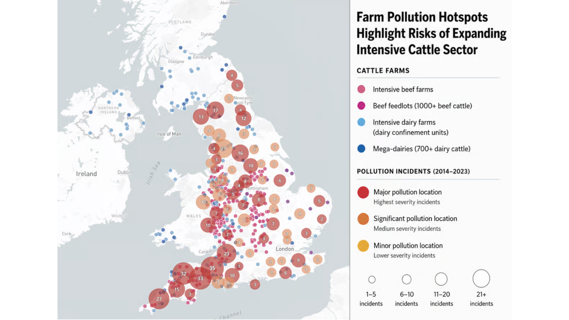 A map showing farm pollution incidents from UK cow farms