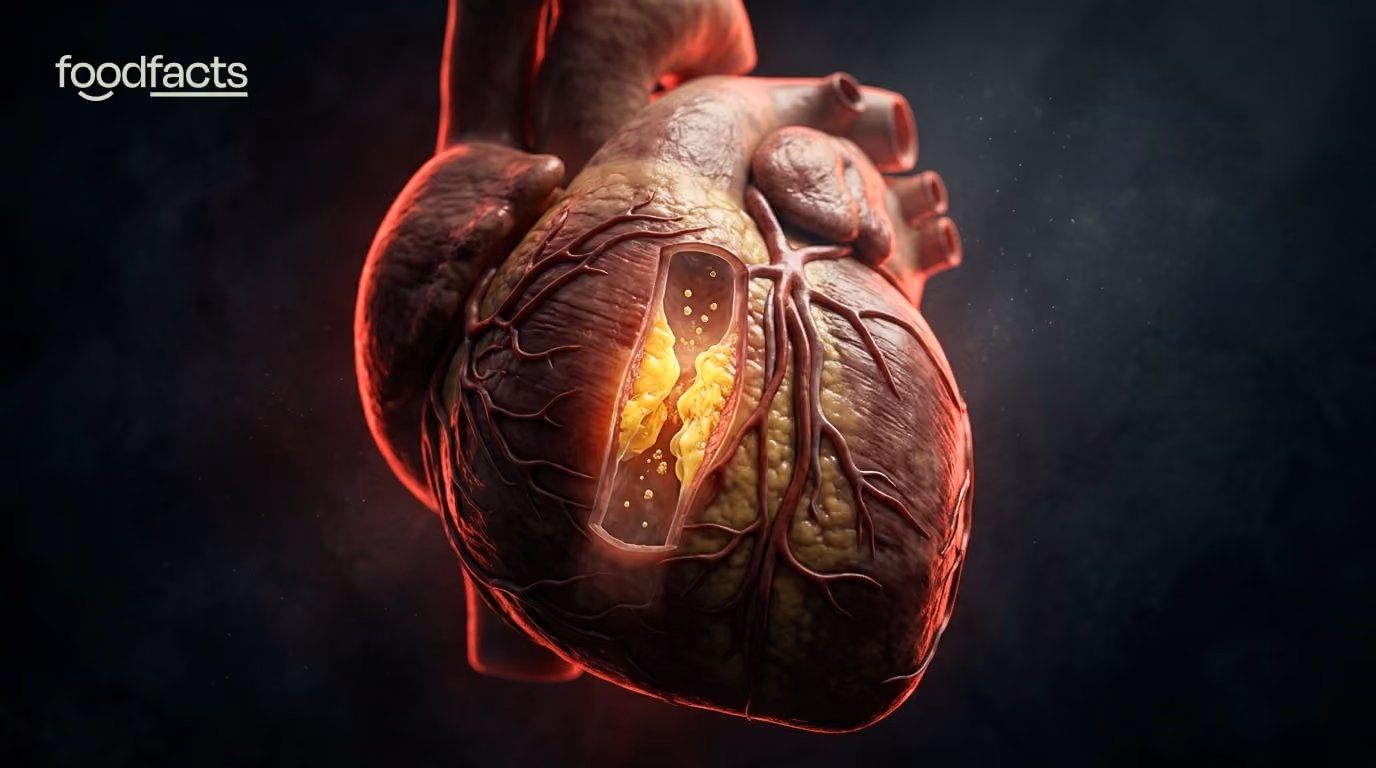 The Cholesterol Code review — a dramatic view inside a coronary artery showing cholesterol plaque narrowing the vessel as red blood cells flow through.