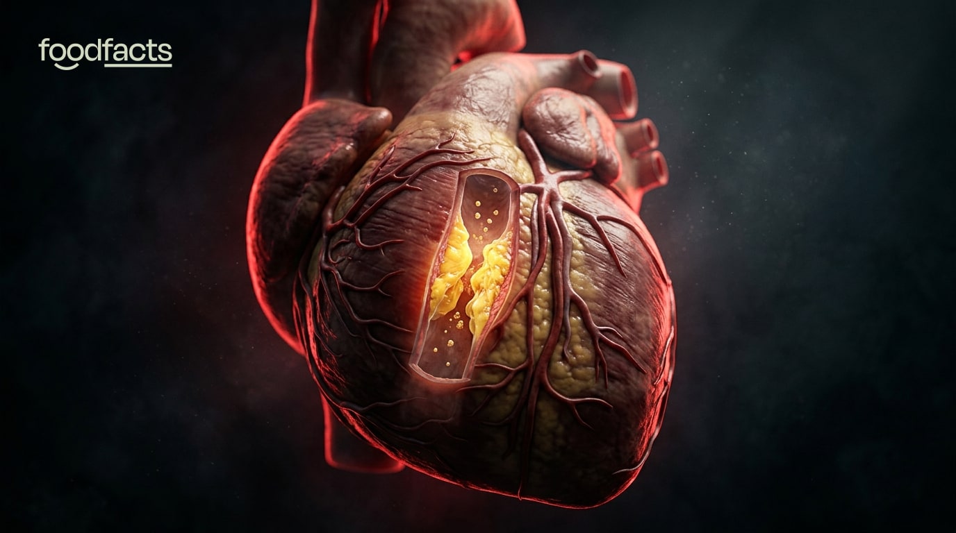 The Cholesterol Code review — a dramatic view inside a coronary artery showing cholesterol plaque narrowing the vessel as red blood cells flow through.