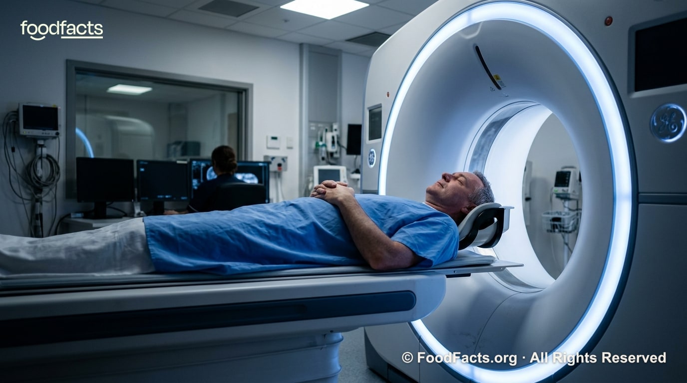 A patient entering a CT scanner for a coronary heart scan.