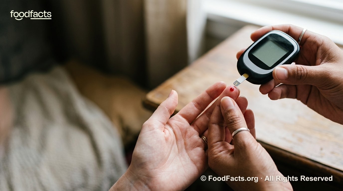 A person performing a blood-glucose finger-prick test with a glucometer.