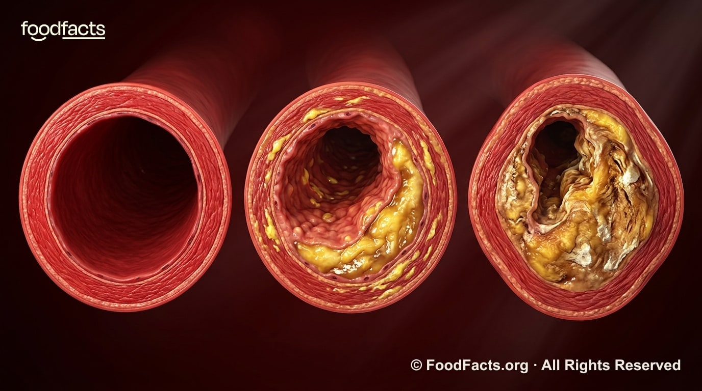 3D render of three artery cross-sections showing atherosclerotic plaque progressing from an open vessel to a severely narrowed one.