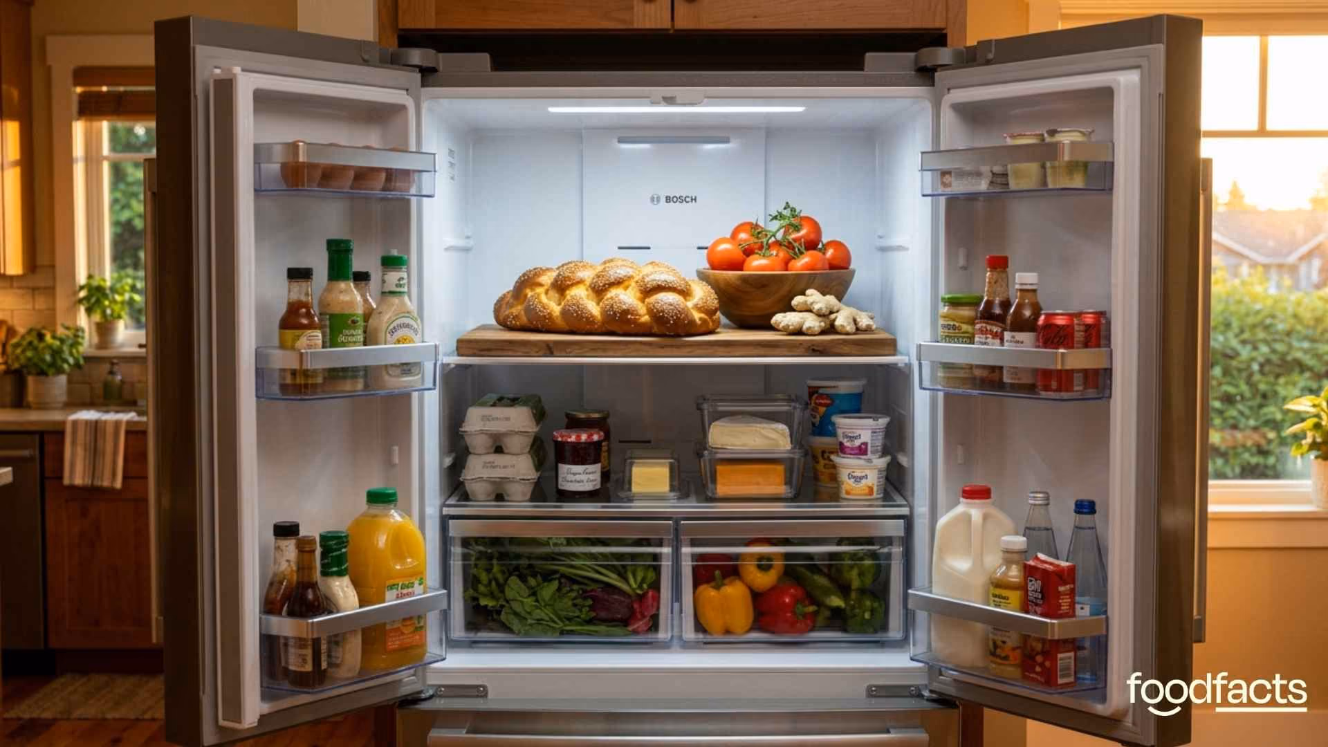 A person puts tomatoes, bread, and ginger into a fridge.