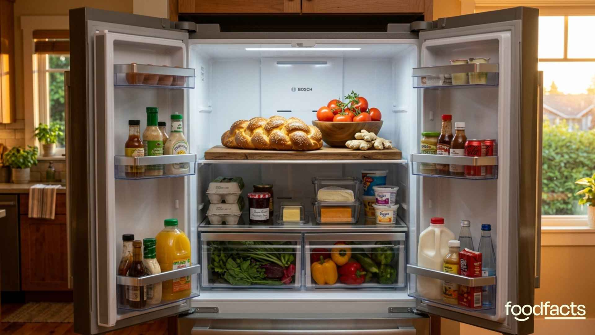 A person puts tomatoes, bread, and ginger into a fridge.