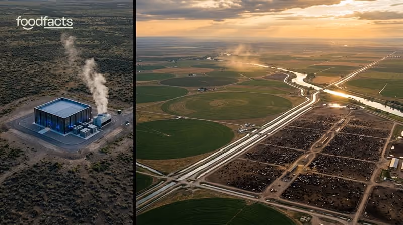 AI water use vs livestock: a small data centre beside vast irrigated feed crops, FoodFacts.org