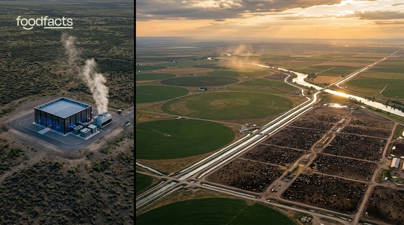 AI water use vs livestock — a small data centre beside vast irrigated feed crops, FoodFacts.org