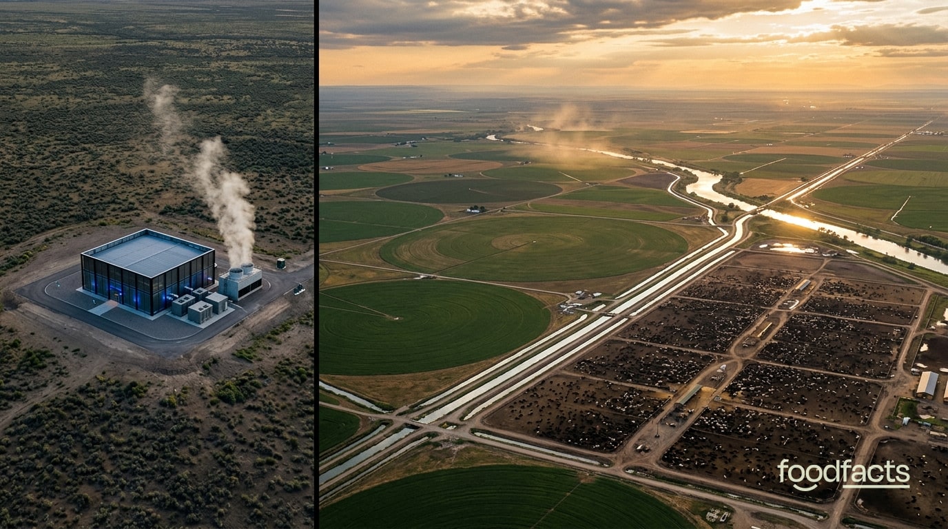 AI water use vs livestock — a small data centre beside vast irrigated feed crops, FoodFacts.org