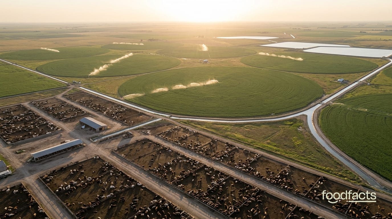 Aerial view of an industrial cattle feedlot beside center-pivot irrigated feed-crop fields