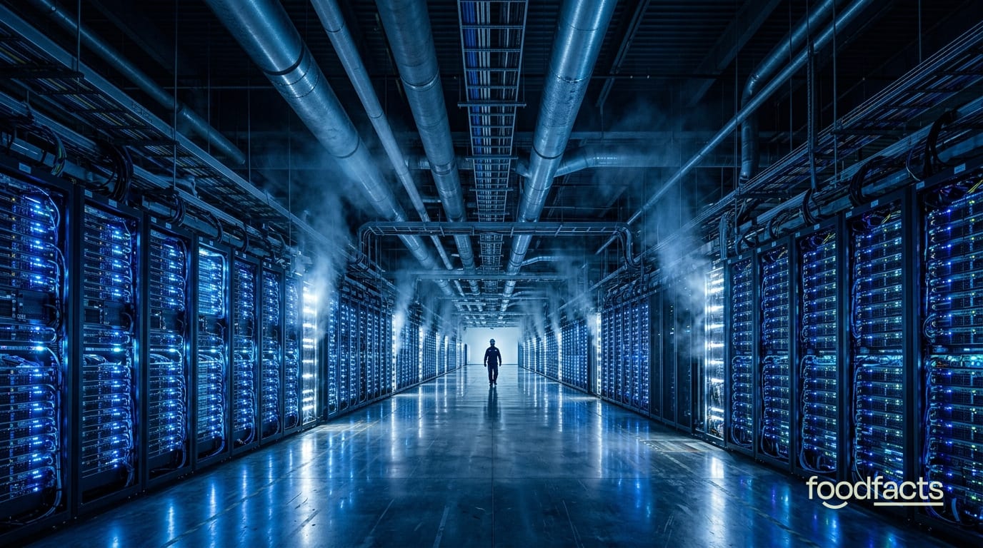 Interior of a hyperscale AI data centre with rows of server racks and cooling pipes