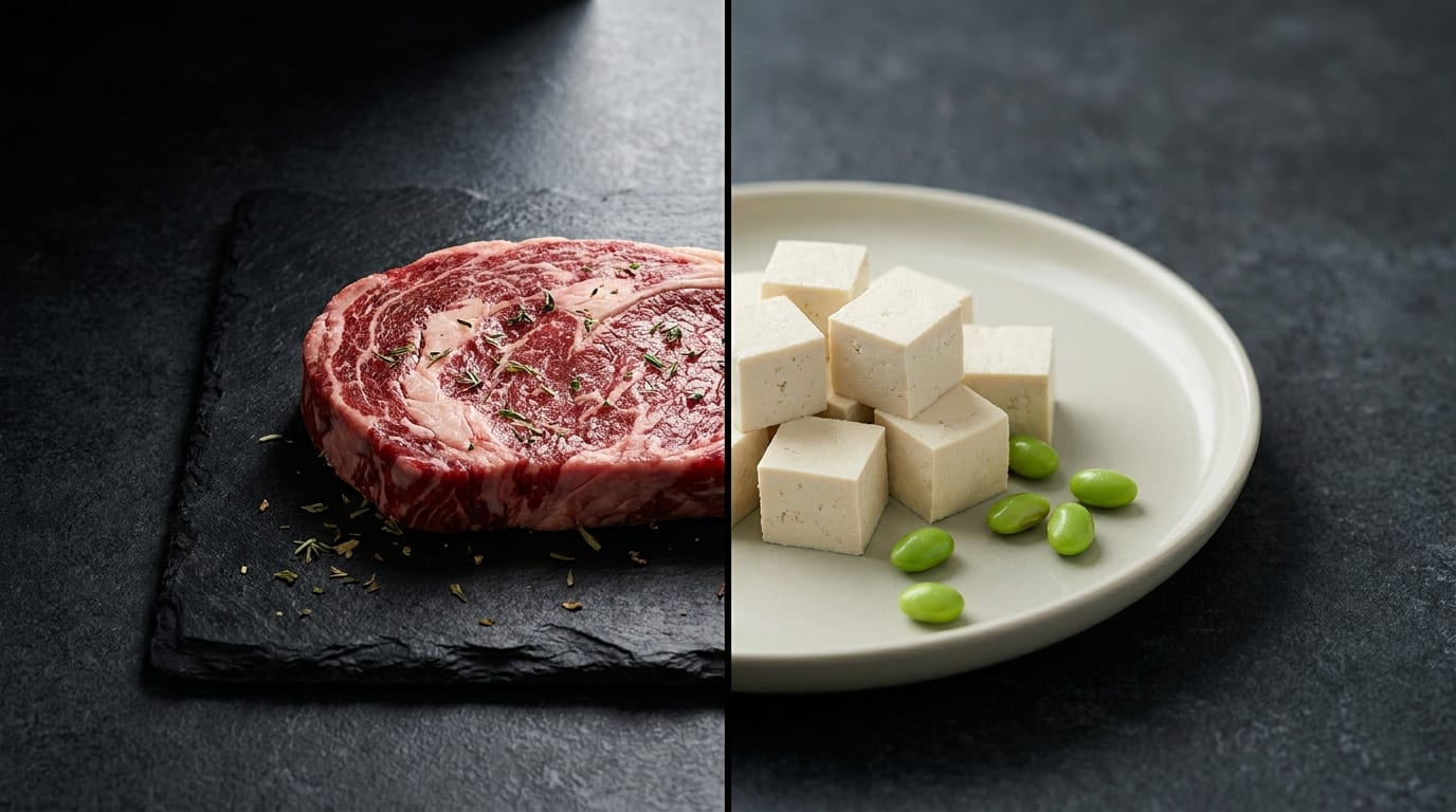 Split image: a raw marbled ribeye steak on slate on the left, cubes of tofu and edamame on a plate on the right