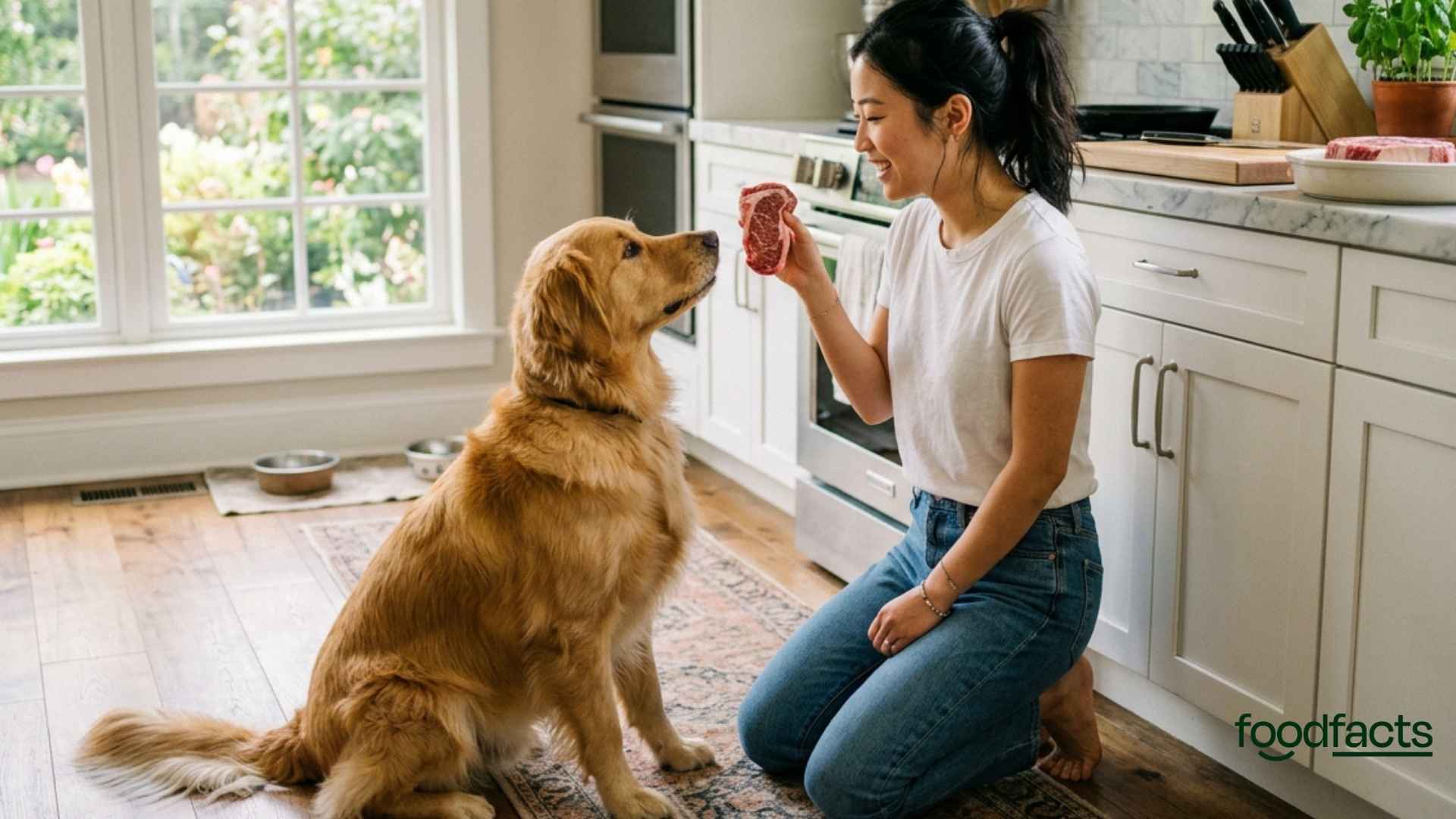 A person feeds their dog a raw steak