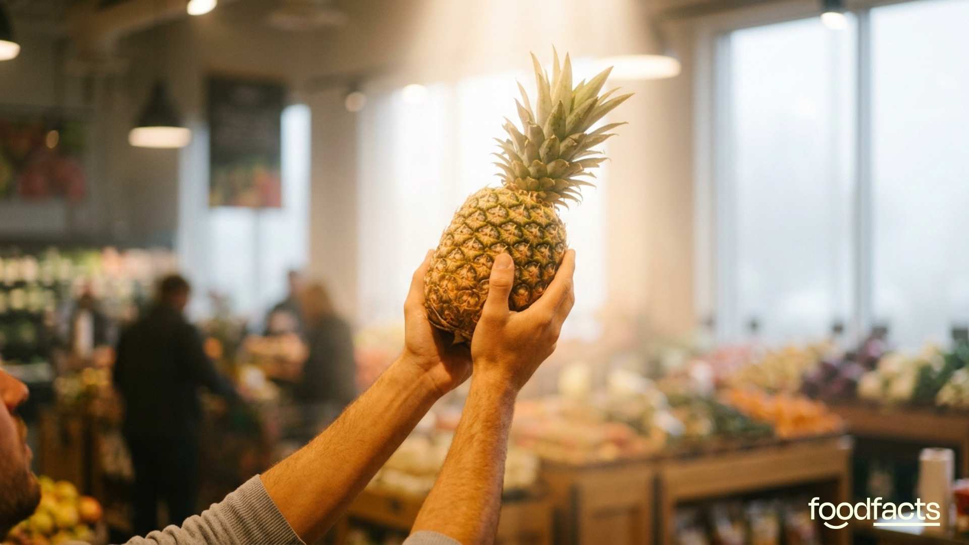 A person raises a pineapple over their head