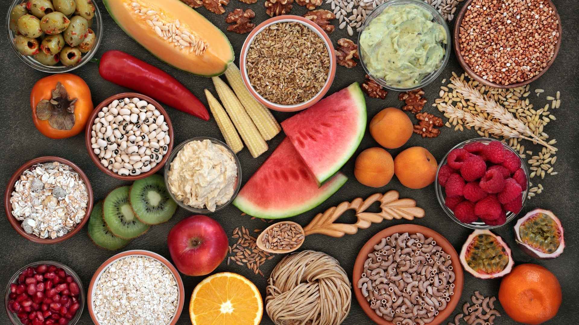 An array of high-fibre plant-based foods