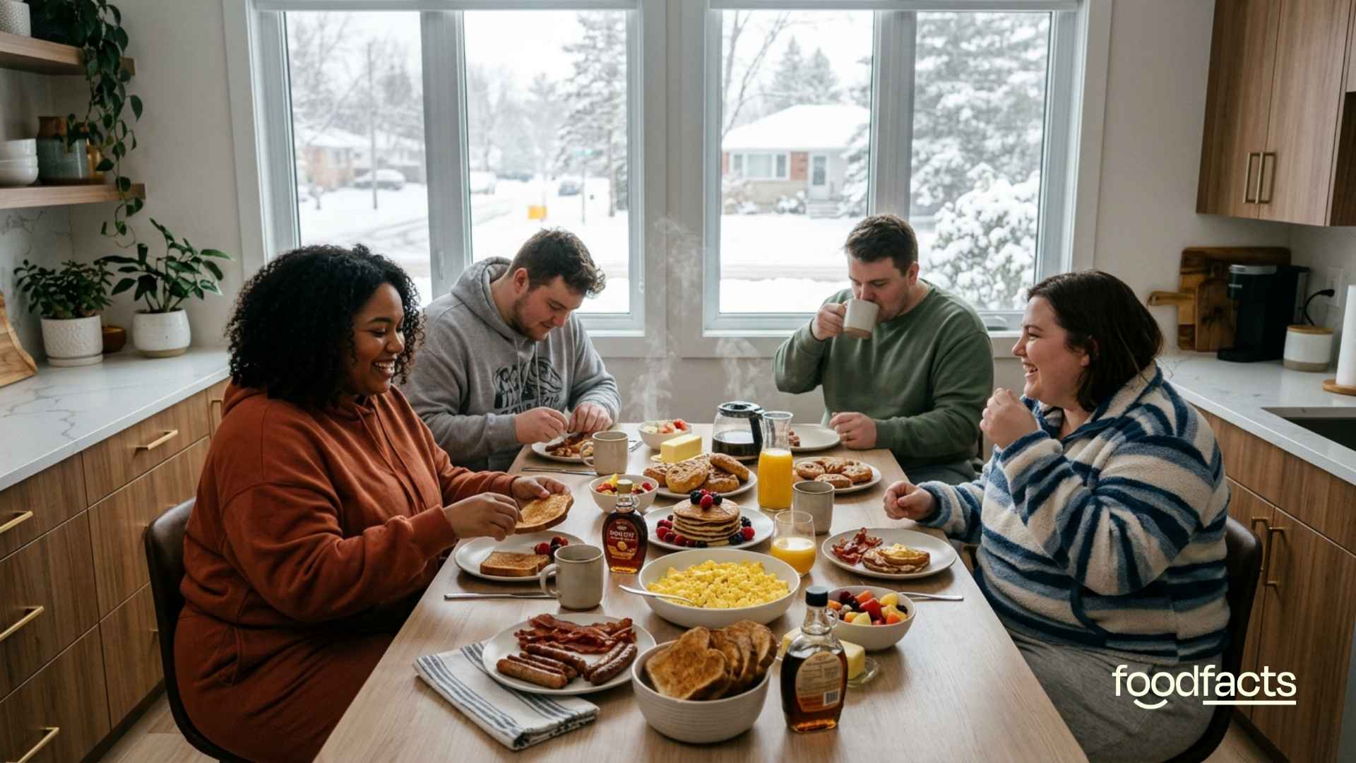 A group of young adults sit around a table and share food