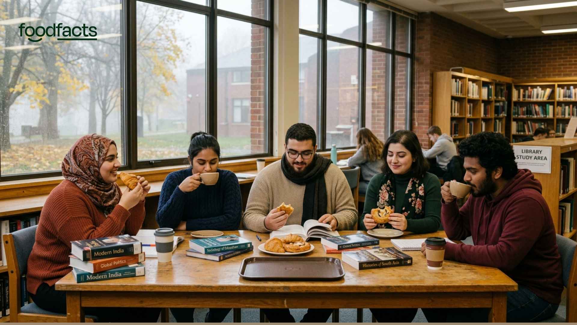 A group of young adults sit around a table and share food