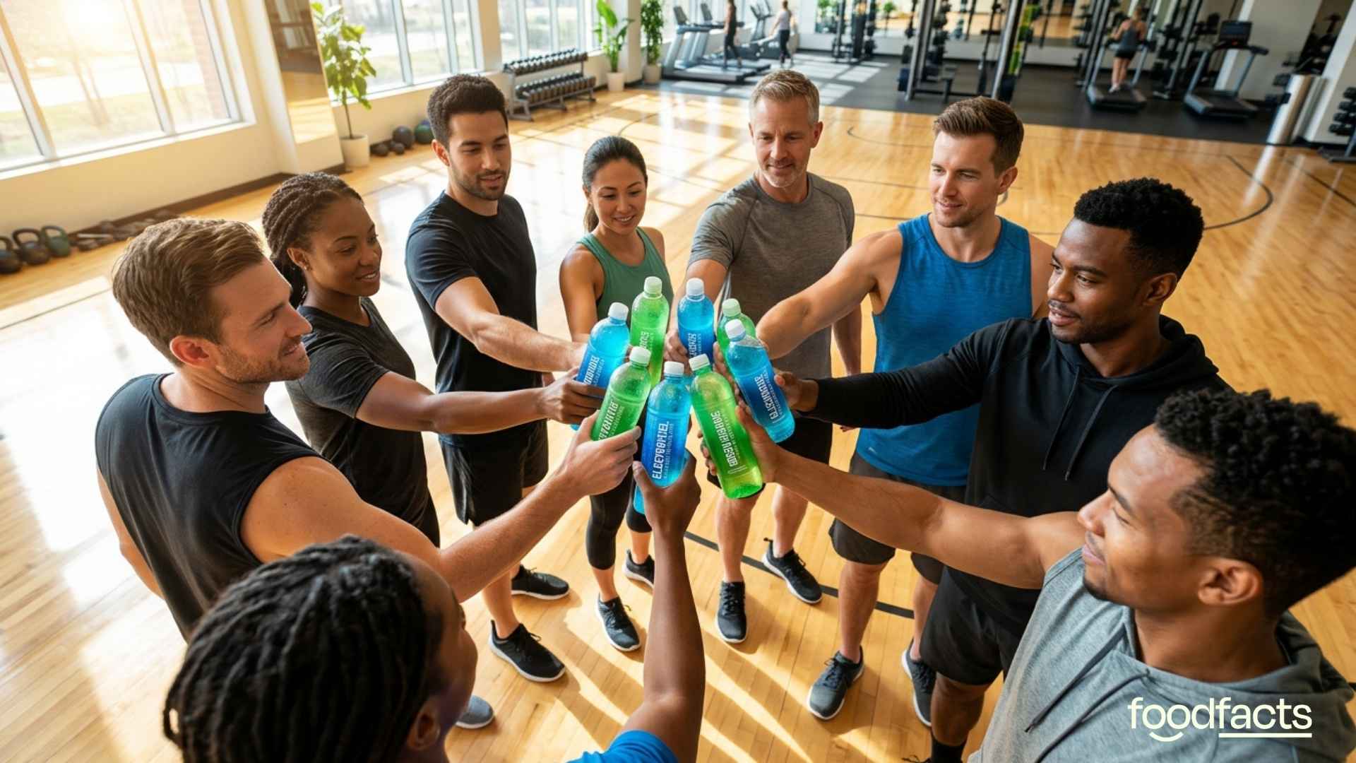 A group of athletes drink electrolyte drinks