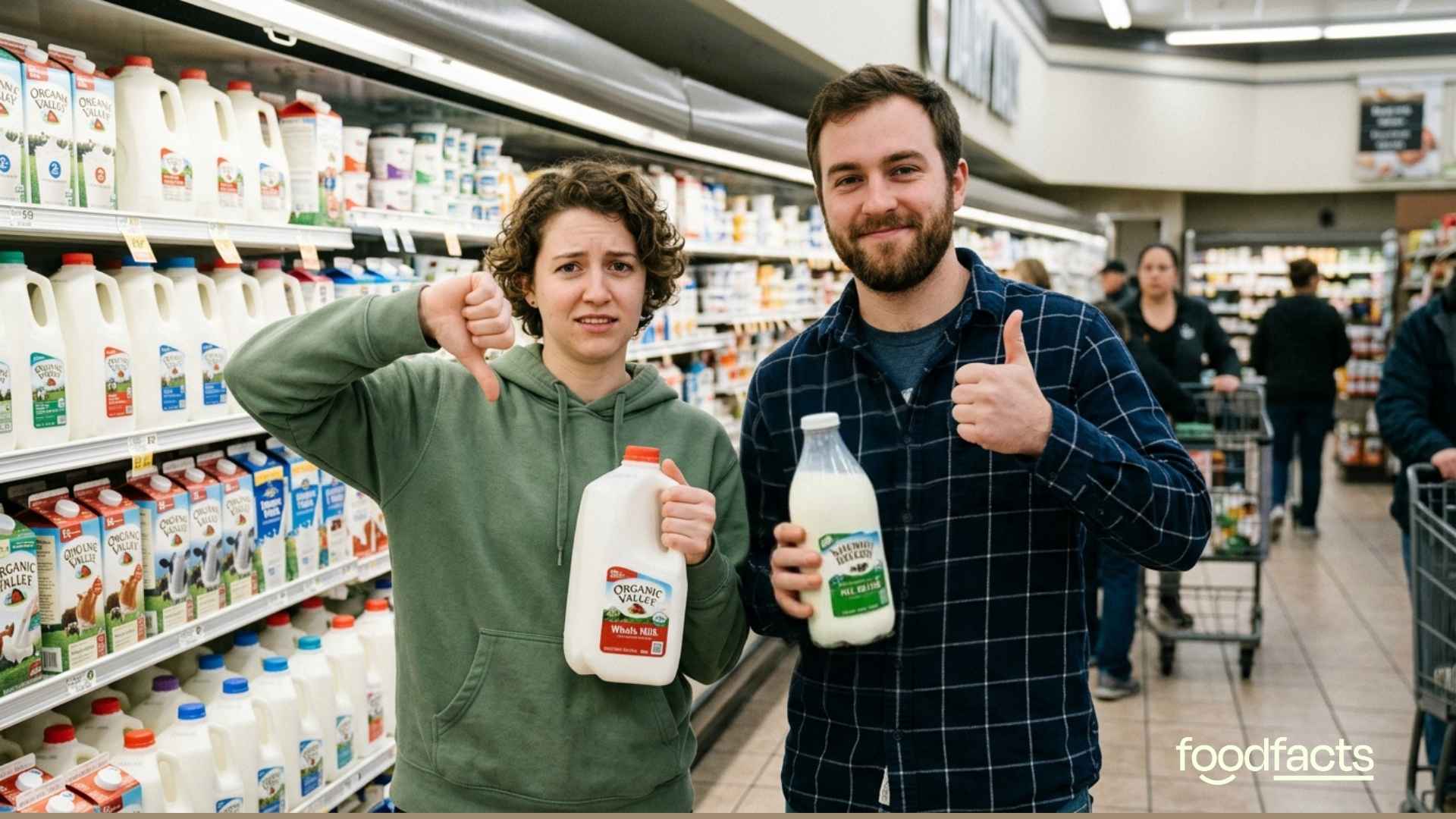 People hold a carton of milk with a suspicious look on their face