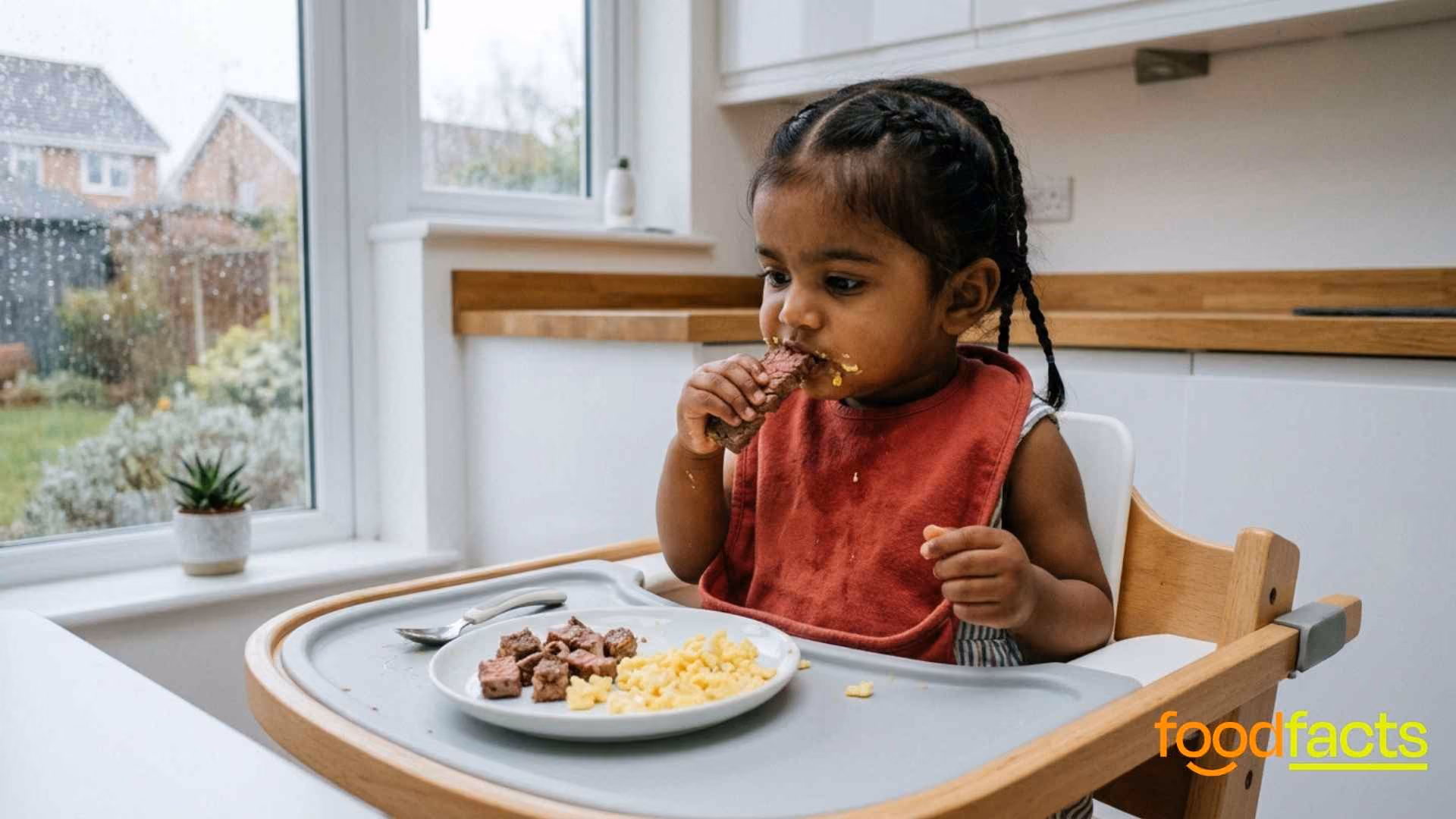 A baby eats steak and eggs