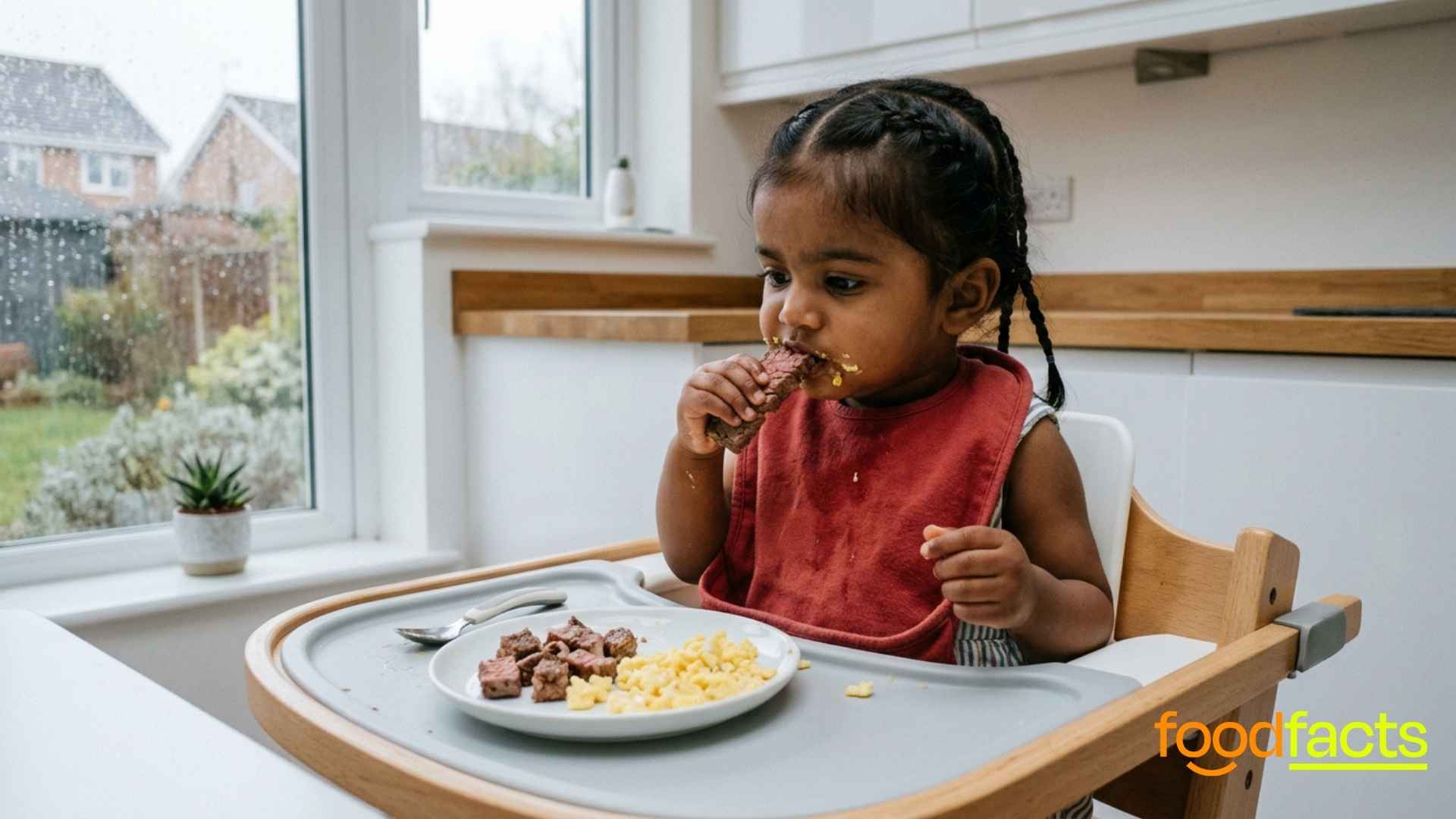 A baby eats steak and eggs