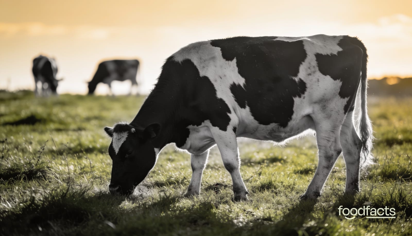 A black-and-white dairy cow grazing in a green Irish pasture at golden hour
