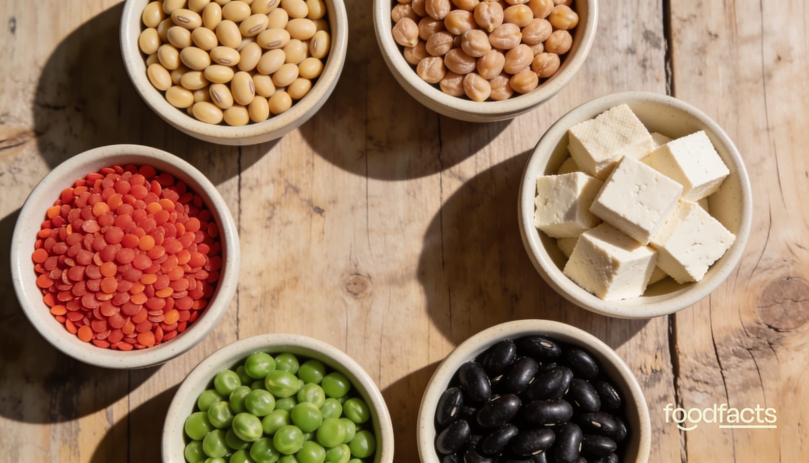 Bowls of plant proteins — soybeans, chickpeas, red lentils, green peas, black beans and tofu